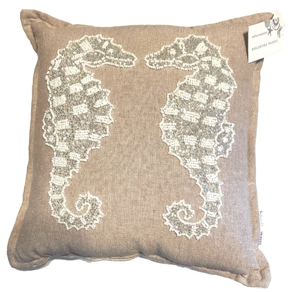Coastal Collection Seahorse Beaded Decor Throw Pillow 12X12” Beach Ocean Beige